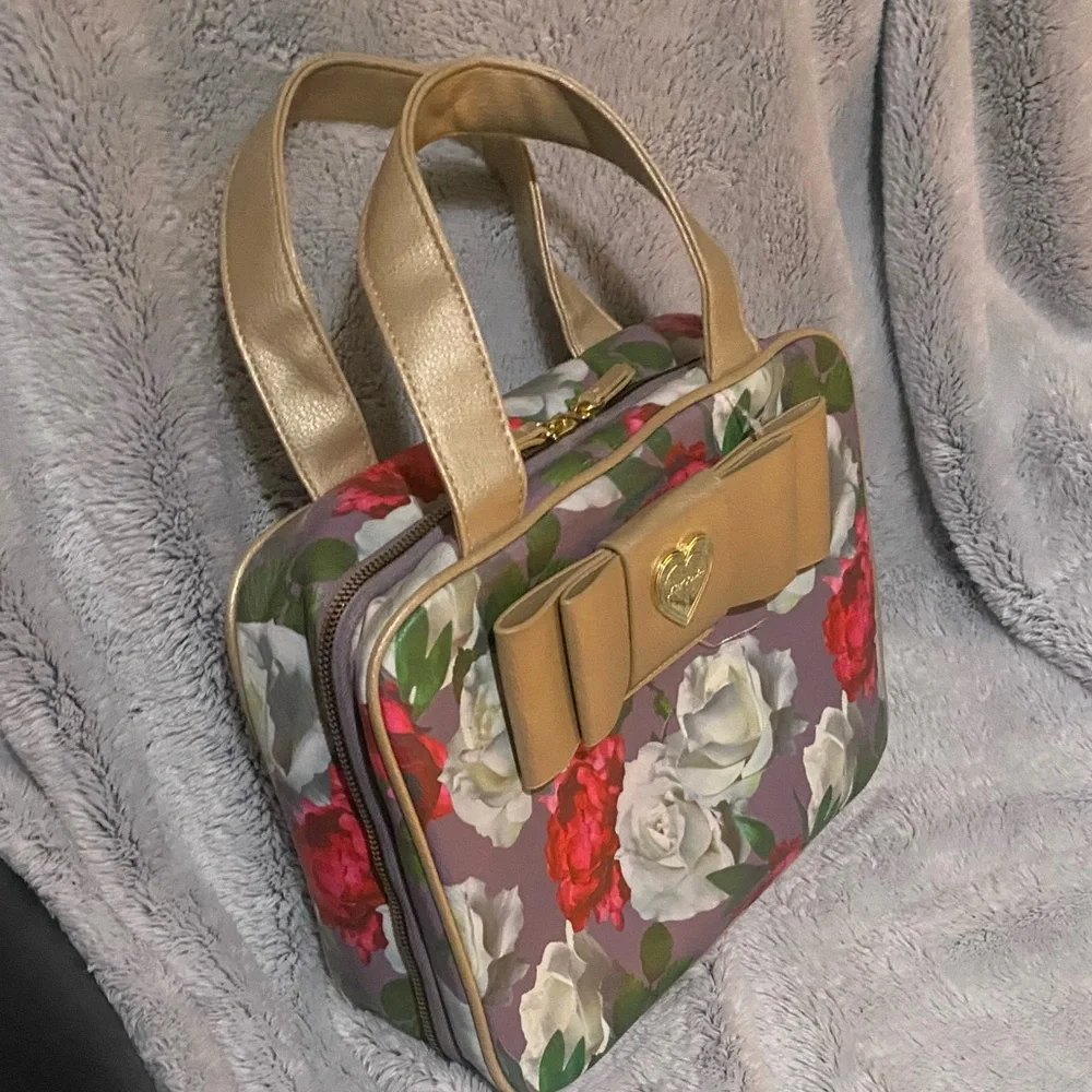 Gold and Red Cosmetic Bag with Floral Design